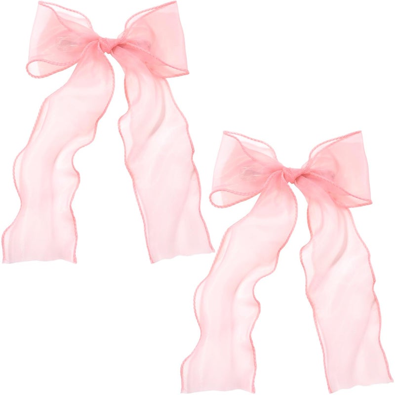 STSTR 2Pcs Large Hair Bow Clips, Pink Silk Yarn Ribbon Bow Hair Barrette for Women, Elegant Long Tail Bowknot French Hairstyles Accessories for Wedding, Parties, Festivals - Style 4 - Image 1